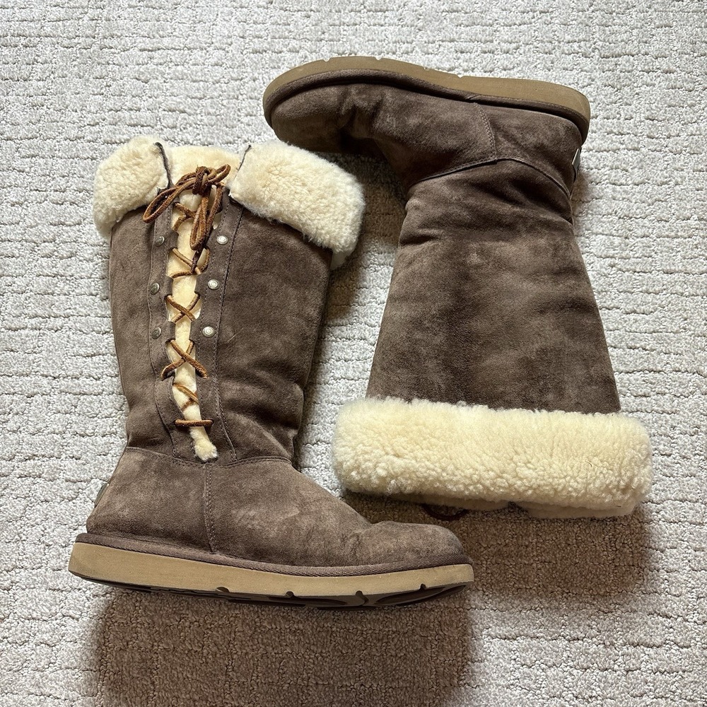UGG Upside Tall Brown Suede Sheepskin Lined Corset Lace Up Boots Size 9